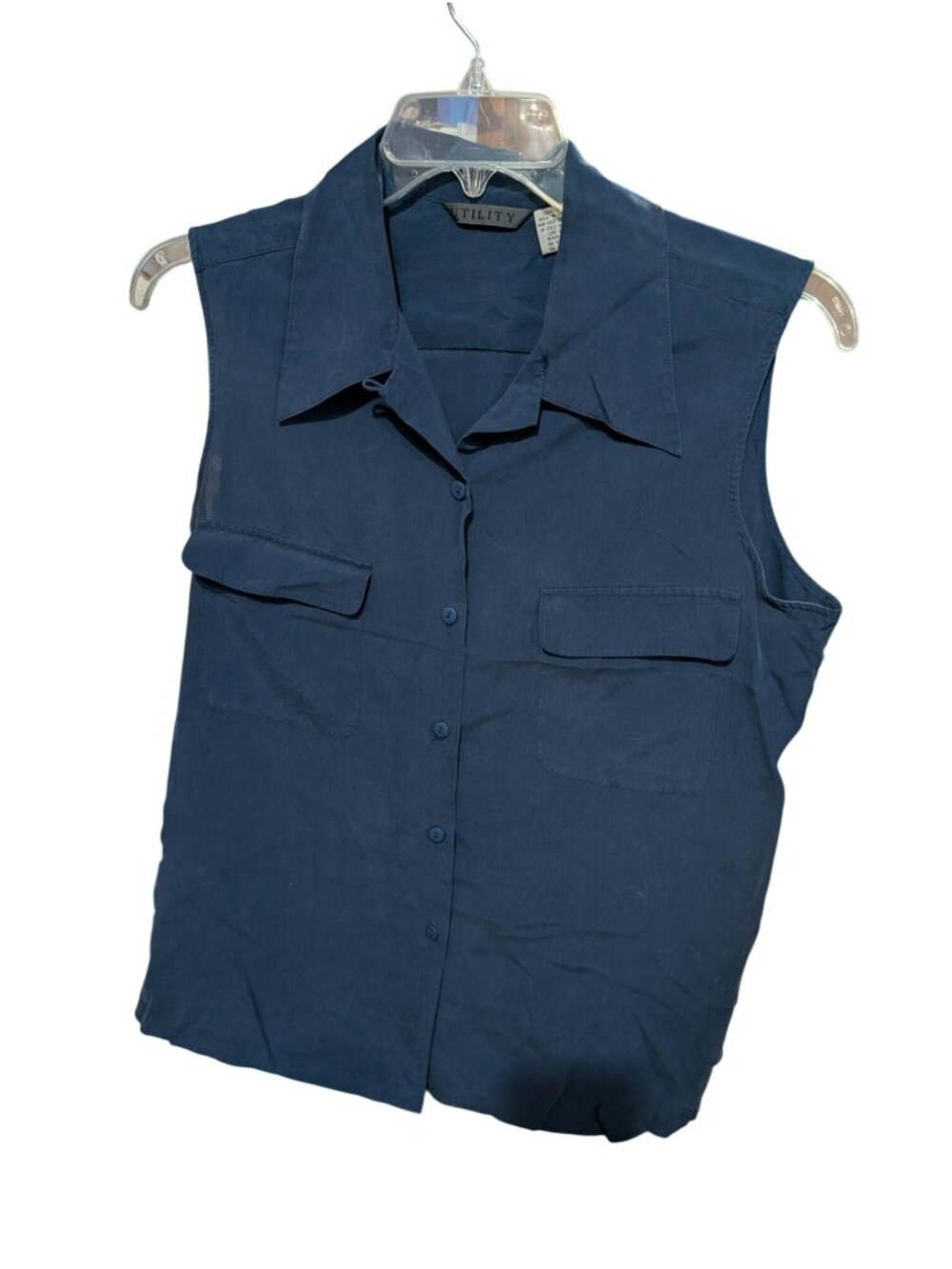 Utility Womens Sleeveless Navy Silk Button-Up Blouse XL